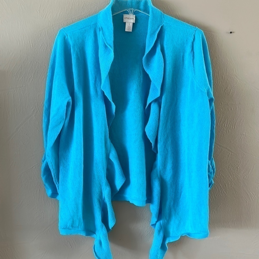 Chicos Ruffled Front Cardigan Size 1 Sky Blue